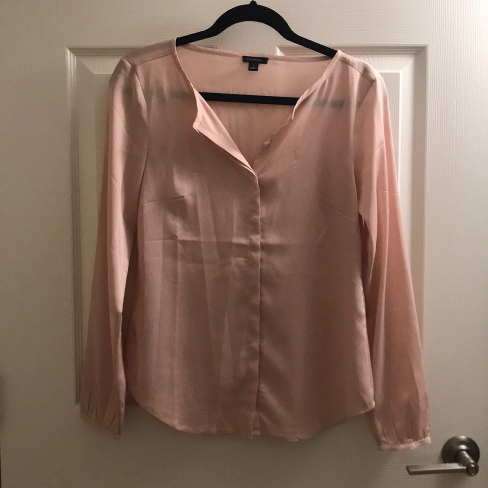 Beige hidden button down long sleeve blouse